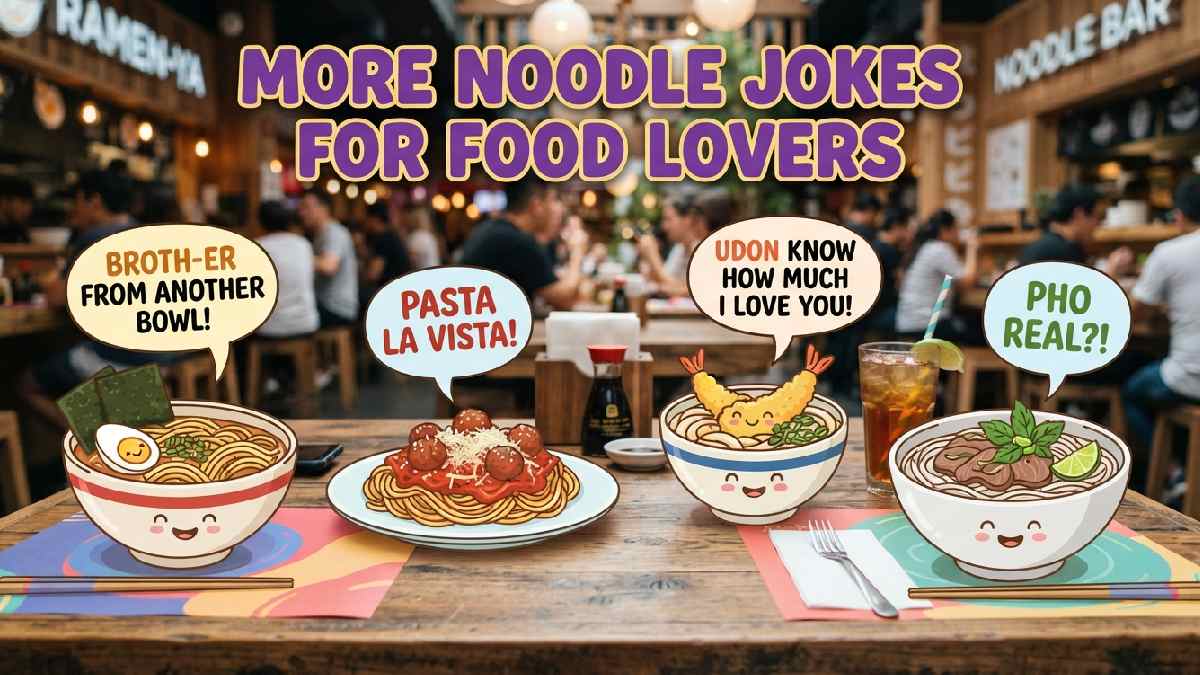 Table spread with various smiley noodle dishes like ramen and spaghetti showing speech bubbles with more noodle jokes for food lovers.