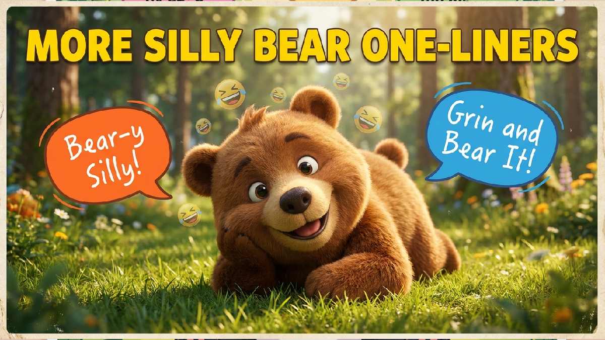 Laughing cartoon bear rolling on grass with floating emoji faces showing more silly and playful bear one liner jokes.