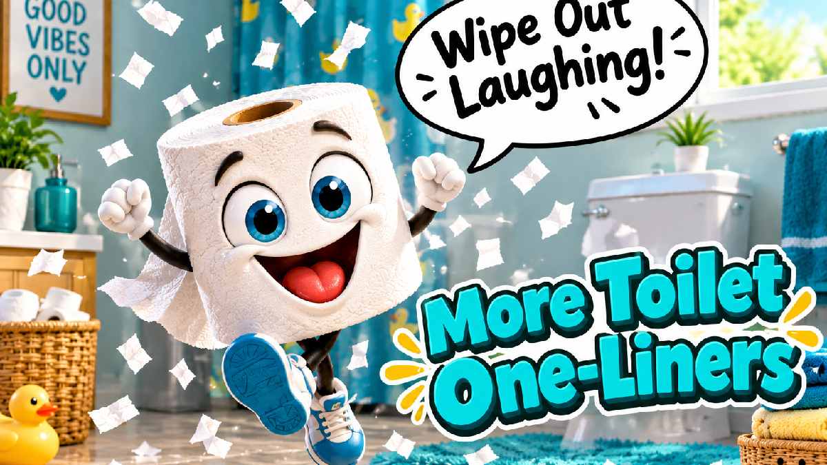 Bouncing cartoon toilet paper roll with flying bits and speech bubble showing more funny toilet one-liner jokes.