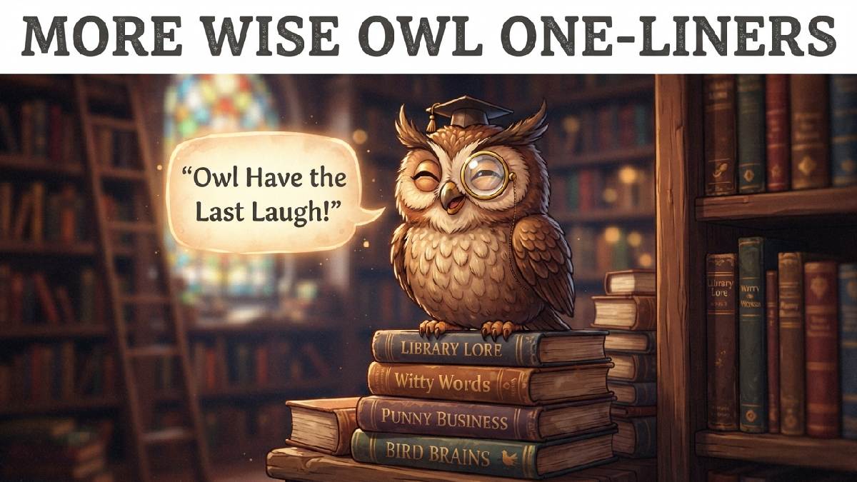 Wise cartoon owl with monocle sitting on stack of books showing an extra collection of witty owl one liner puns.