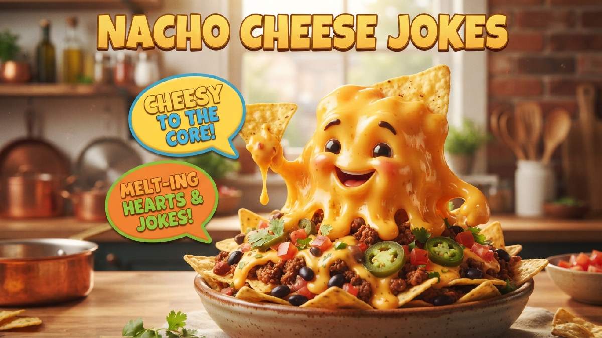 Gooey smiling cartoon cheese melting over nachos with speech bubbles showing funny cheesy nacho cheese jokes and puns.