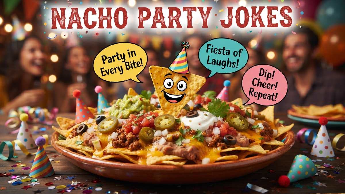 Nacho platter with party hats and confetti showing cheerful smiling chip and speech bubbles with fun nacho party jokes.