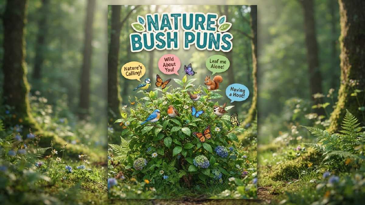 Lush green bush in forest clearing with birds and butterflies surrounded by speech bubbles showing fun nature themed bush puns.