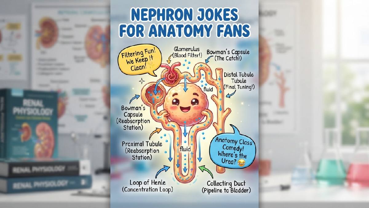 Smiling cartoon nephron structure with labeled arrows and speech bubbles showing clever nephron jokes for anatomy and science fans.