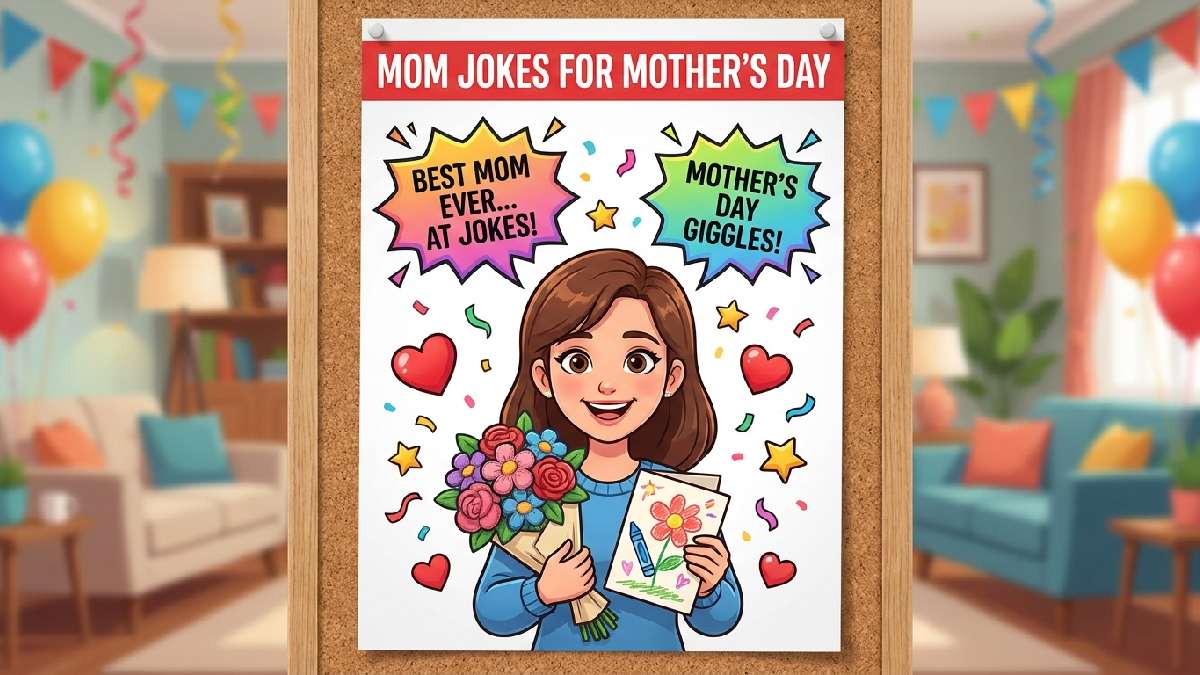 Smiling cartoon mom receiving flowers and card with confetti surrounded by speech bubbles showing cheerful mom jokes for Mother's Day.