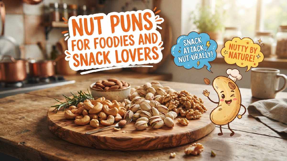 Charcuterie board with mixed nuts and winking cartoon nut character showing fun nut puns for foodies and snack lovers.