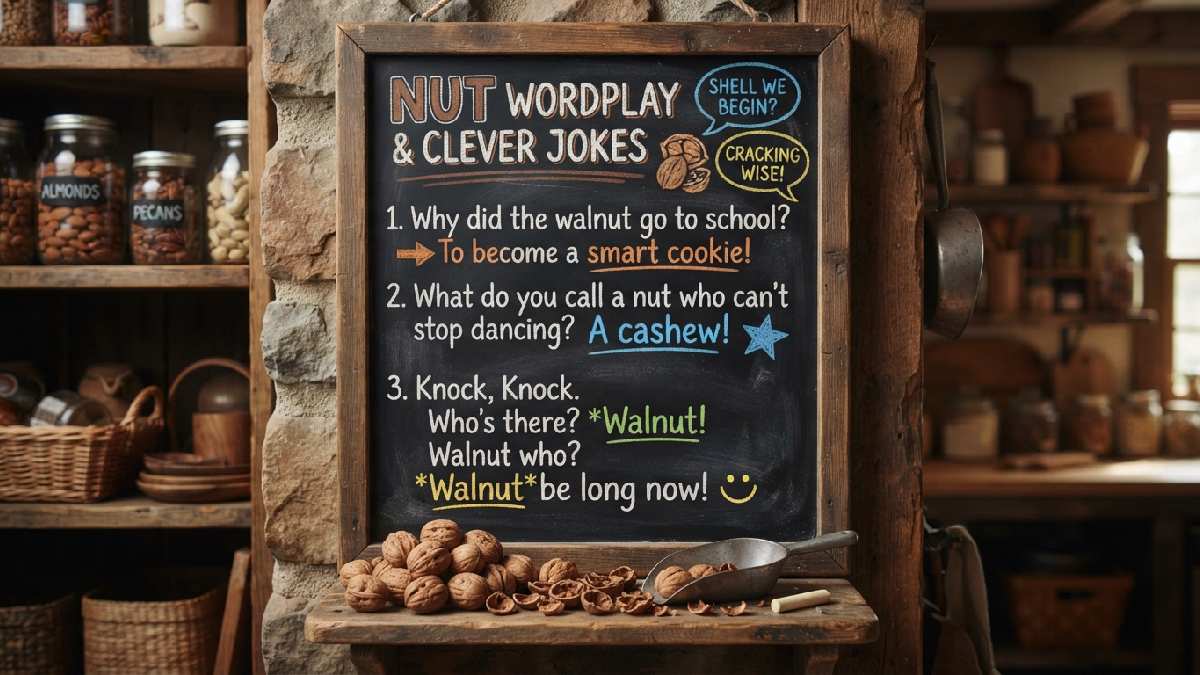 Chalkboard menu with playful jokes and pile of walnuts below showing clever nut wordplay and jokes collection for fans.