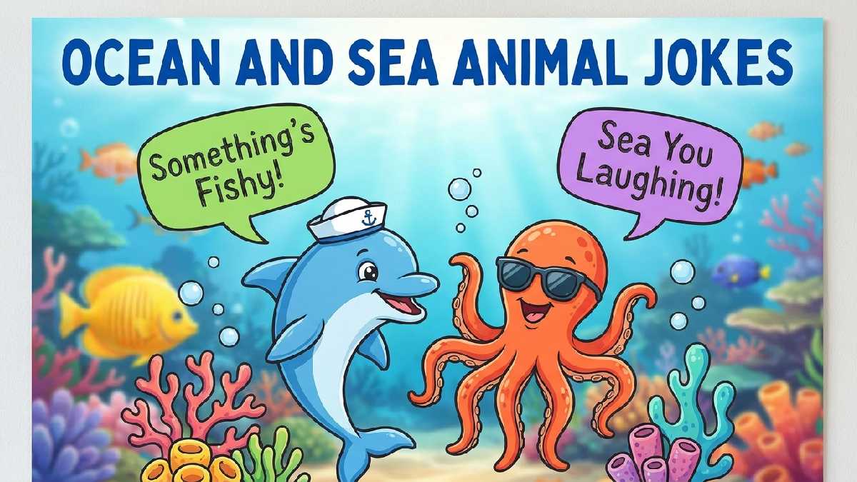 Smiling cartoon dolphin and octopus swimming near coral reef showing fun ocean and sea animal jokes collection for laughs.