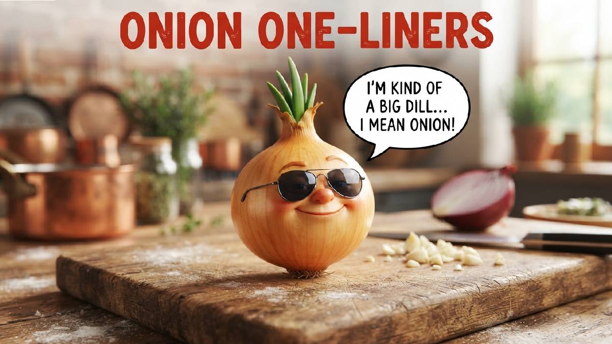 Confident cartoon onion with sunglasses on chopping board and speech bubble showing a clever onion one-liner joke.