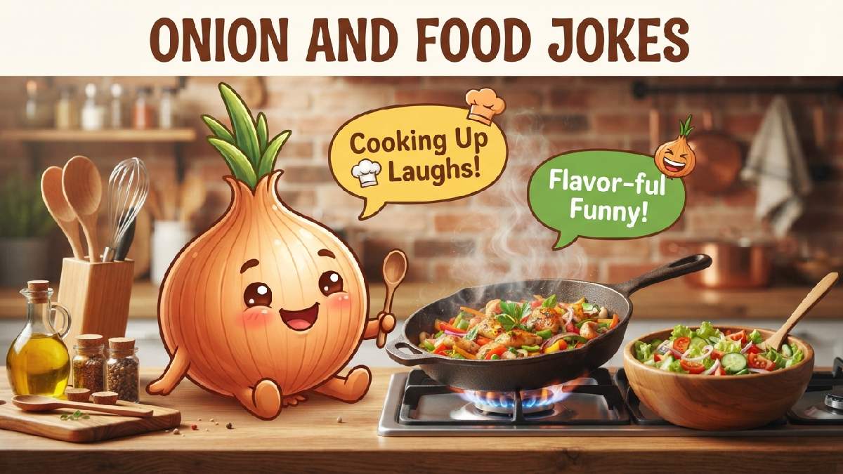 Happy cartoon onion beside salad and sizzling pan with speech bubbles showing fun onion and food themed jokes.