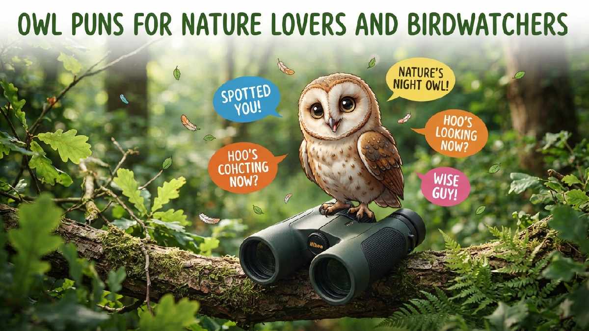 Cartoon owl perched on binoculars in forest with speech bubbles showing owl puns made for nature lovers and birdwatchers.