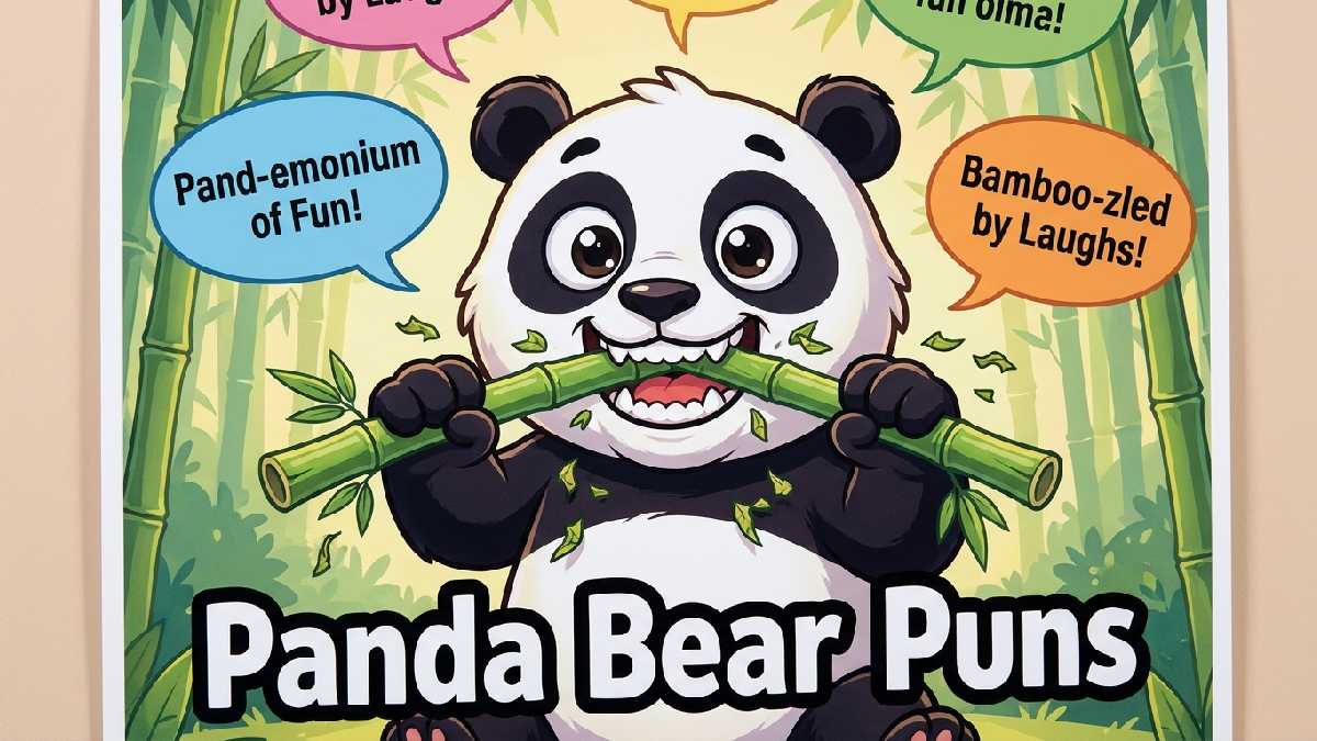 Cheerful cartoon panda munching bamboo with scattered leaves showing playful and clever panda bear puns for animal lovers.