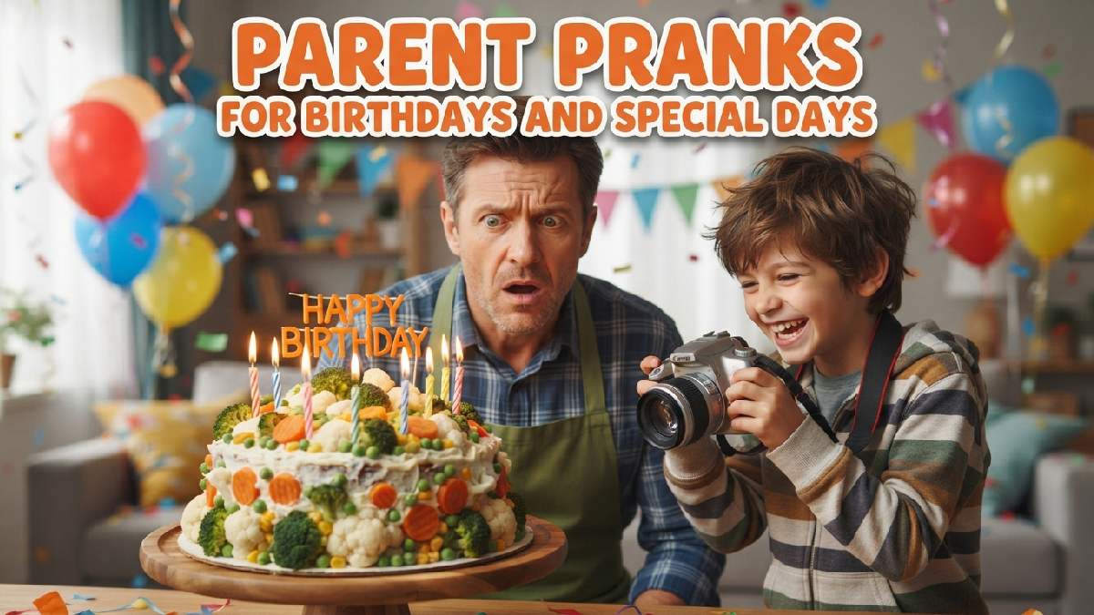 Confused cartoon parent staring at fake vegetable birthday cake with balloons showing funny parent pranks for birthdays and celebrations.