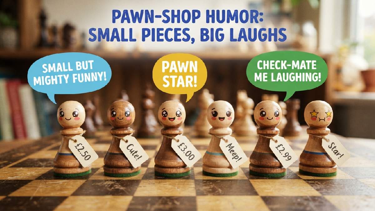 Smiling cartoon pawn pieces with tiny price tags on chessboard showing playful pawn shop humor with small pieces big laughs.