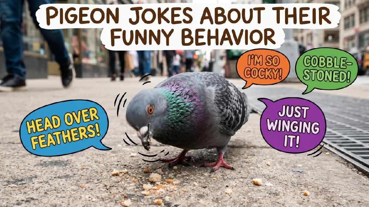 Cartoon pigeon bobbing its head while pecking crumbs with speech bubbles showing jokes about pigeons funny quirky behavior habits.