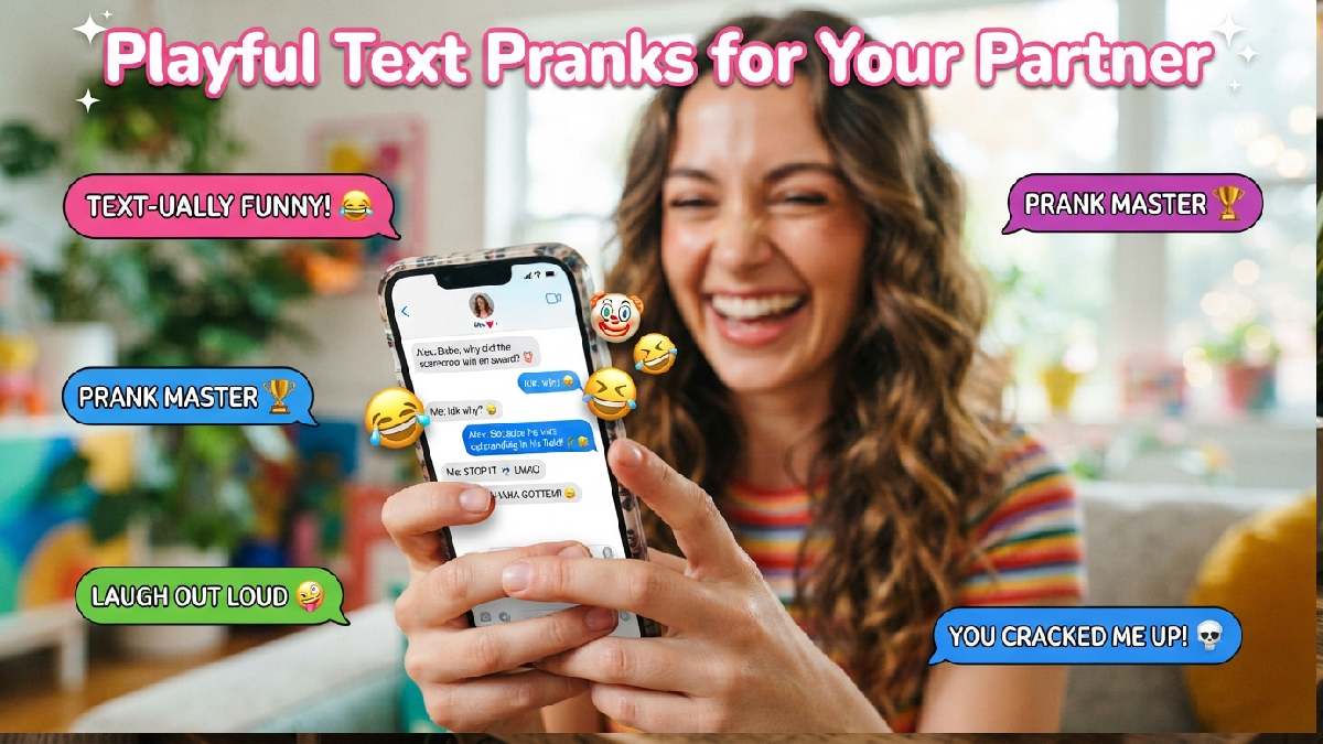 Smartphone showing funny fake text conversation with laughing emojis illustrating playful text pranks to surprise your partner.