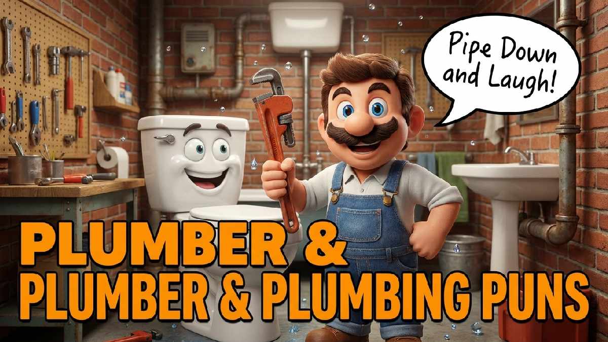 Cartoon plumber with wrench beside smiling toilet and water droplets showing plumber and plumbing themed toilet puns.