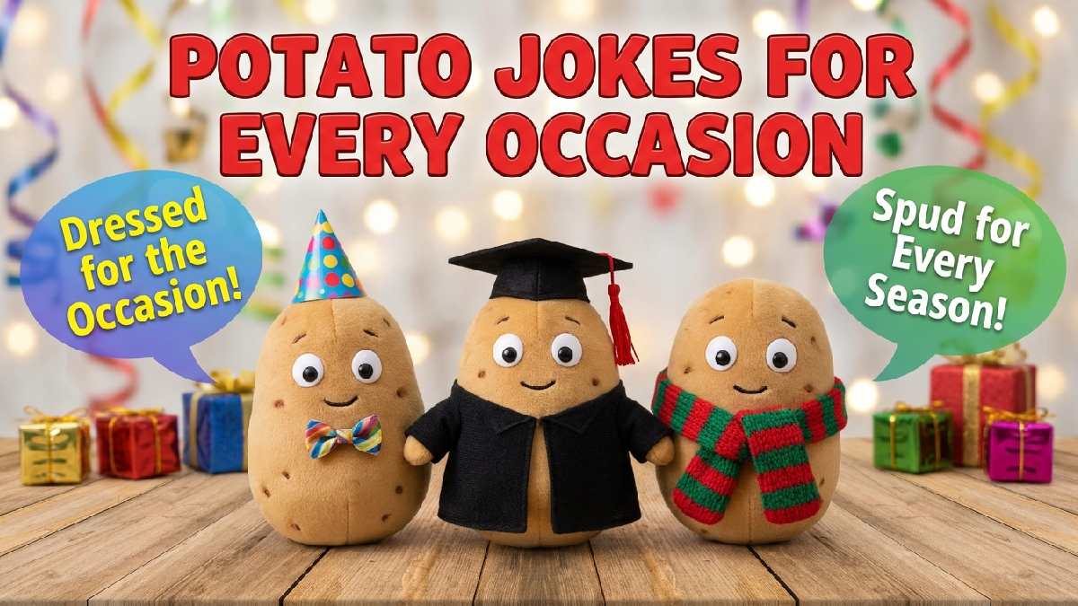 Cartoon potato dressed in party hat, graduation cap, and scarf showing potato jokes suitable for every occasion and celebration.