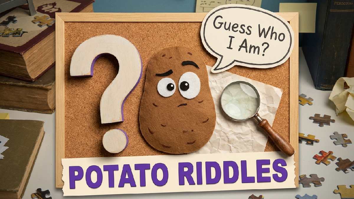 Curious cartoon potato beside large question mark and magnifying glass showing a playful potato riddle waiting to be solved.