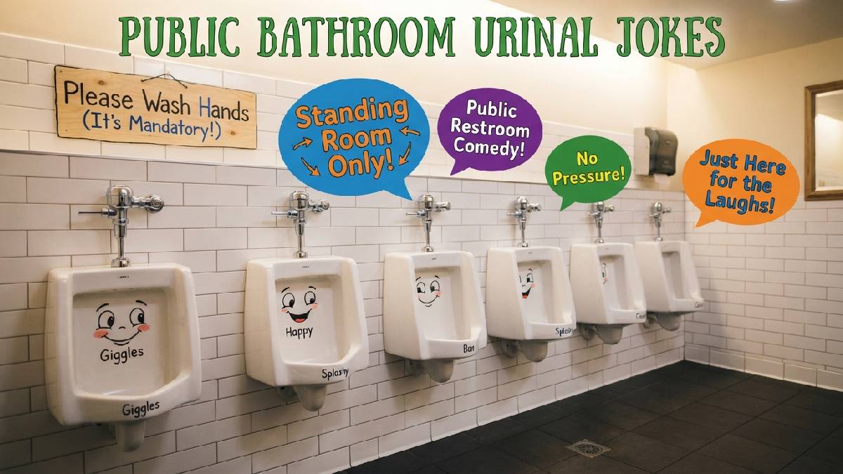 Row of smiling cartoon urinals with handwashing sign showing funny public bathroom urinal jokes and restroom humor.