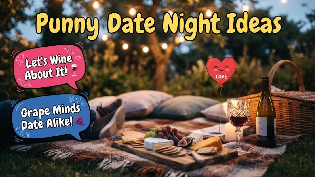 Picnic blanket with wine glass and heart balloon under string lights showing fun punny date night ideas for couples.