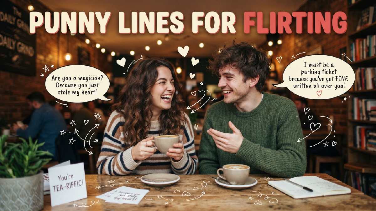 Playful couple flirting with hearts, coffee, and cheeky speech bubbles, representing clever punny lines for lighthearted romantic conversations and smiles.