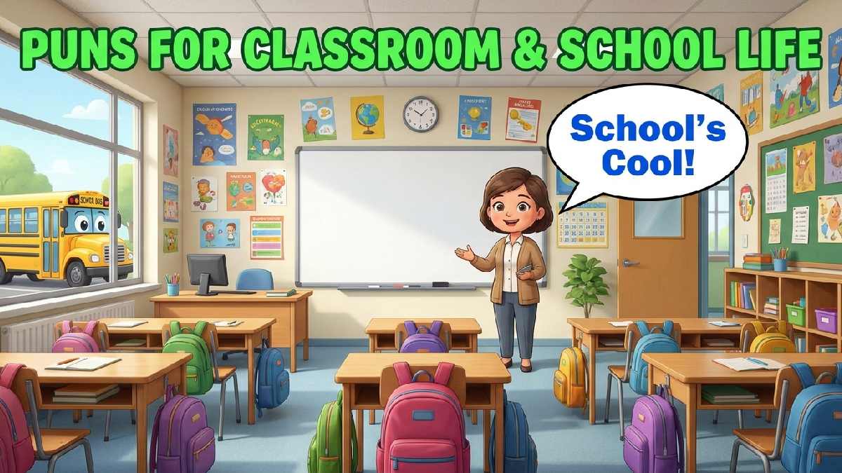 Cartoon classroom with teacher and school bus outside window showing puns for classroom and everyday school life humor.