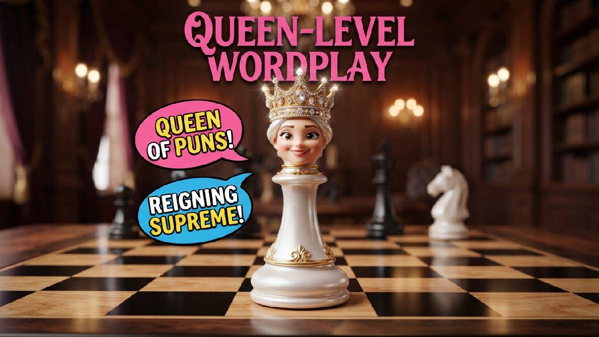 Regal cartoon queen chess piece with sparkling crown and speech bubbles showing clever queen level wordplay and chess puns.