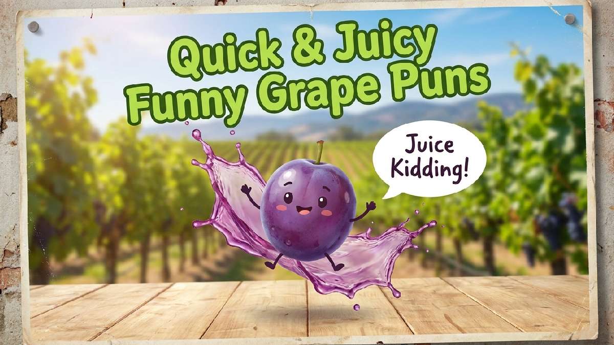 Bouncing cartoon grape with juicy splash and speech bubble showing quick and juicy funny grape puns for fast laughs.