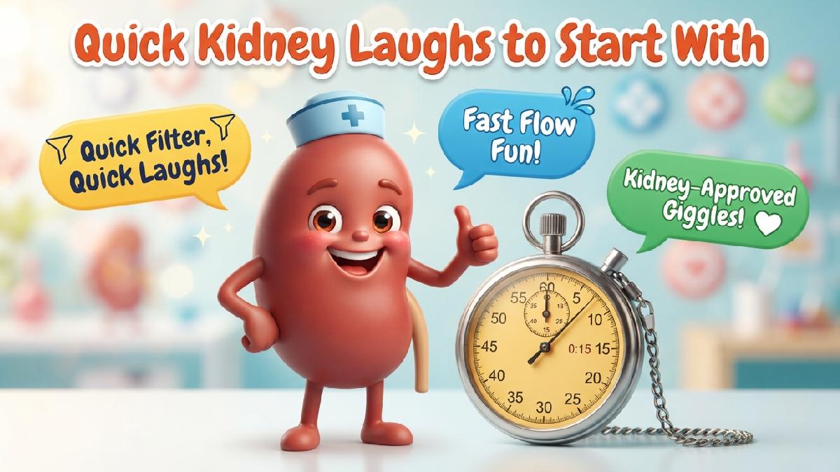 Cheerful cartoon kidney giving thumbs up beside stopwatch with speech bubbles showing quick kidney laughs to start with.