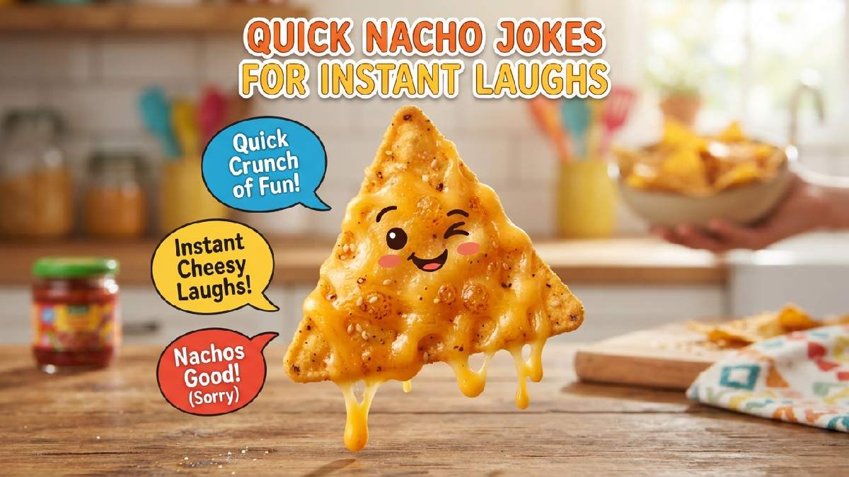 Winking cartoon nacho chip with dripping cheese and speech bubbles showing quick instant nacho jokes for fast laughs.