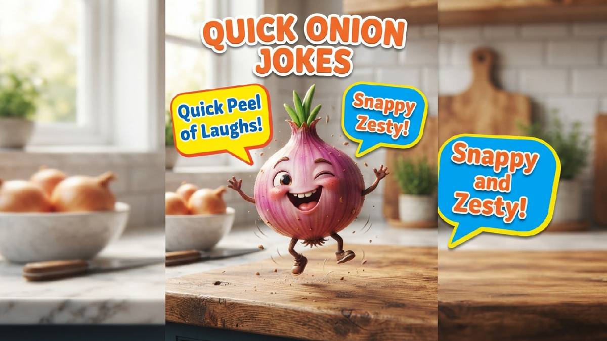 Winking cartoon onion bouncing on counter with speech bubbles showing quick short onion jokes for fast laughs.