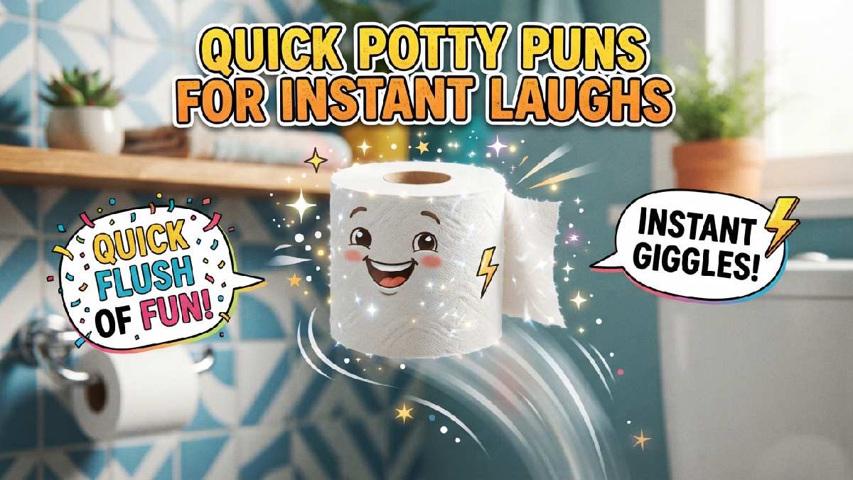 Bouncing toilet paper roll with lightning bolt icon showing quick potty puns for instant laughs and fast humor.
