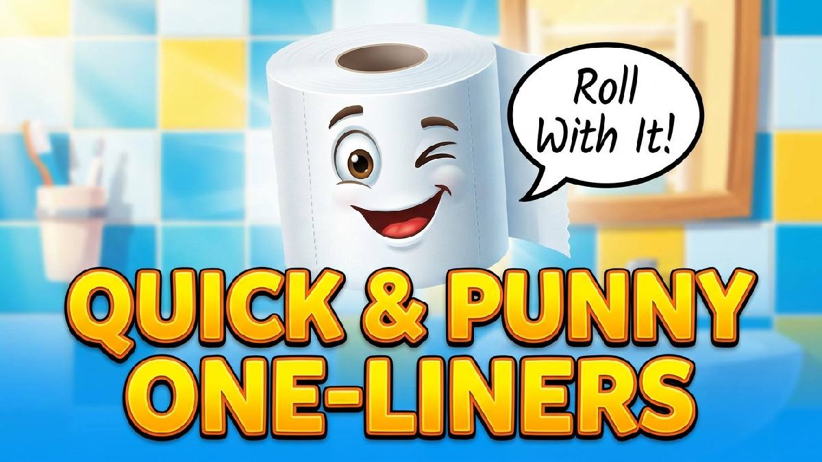 Winking cartoon toilet paper roll with speech bubble showing quick and punny toilet one-liners for fast laughs.