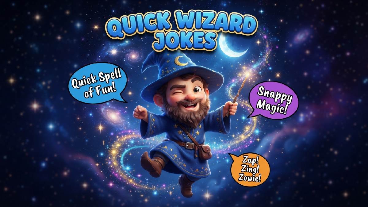 Winking cartoon wizard hopping with sparkling wand and speech bubbles showing quick short wizard jokes for fast laughs.