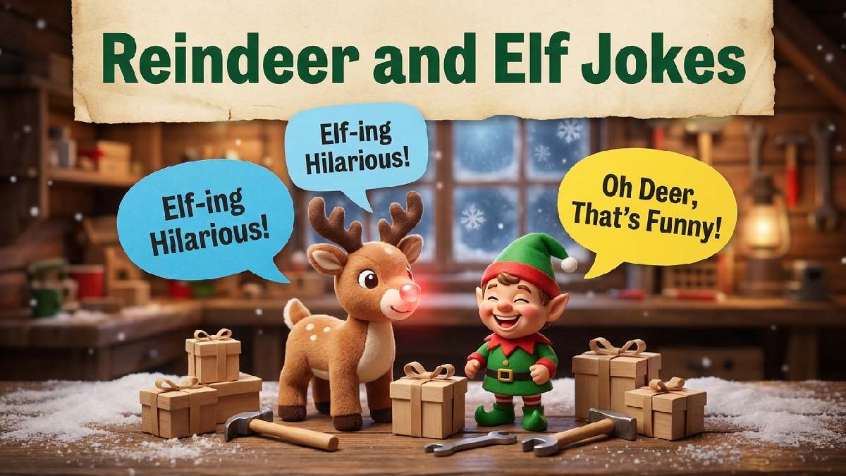 Glowing nosed cartoon reindeer beside giggling elf in workshop with speech bubbles showing funny reindeer and elf holiday jokes.