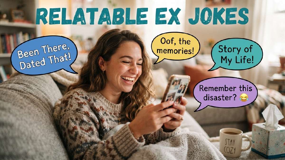 Person scrolling old photos on phone near coffee and tissues with speech bubbles showing relatable and funny ex jokes.