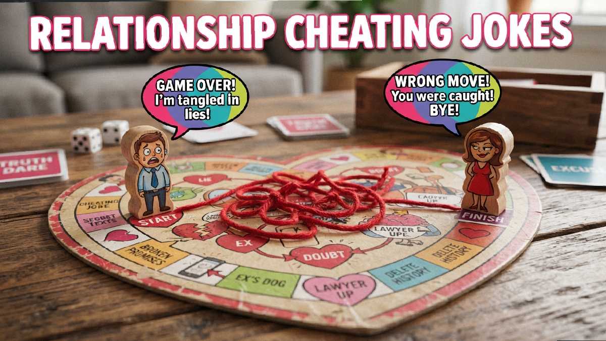 Cartoon game pieces on tangled heart shaped board with speech bubbles showing playful jokes about relationship cheating and mishaps.