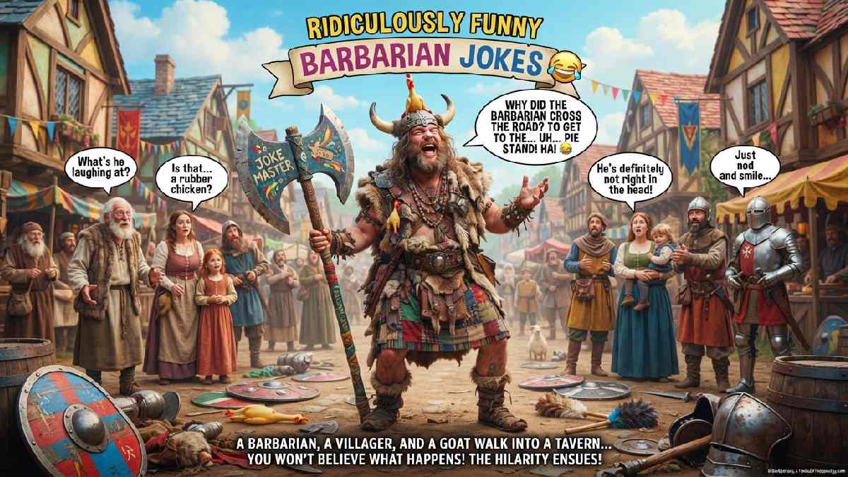 Goofy barbarian laughing with oversized axe and mismatched armor, surrounded by villagers and funny props, representing ridiculous barbarian jokes and humor.