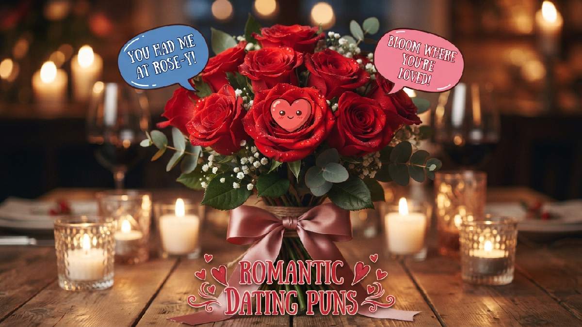 Red rose bouquet with peeking cartoon heart character and candlelight showing sweet and romantic dating puns for couples.