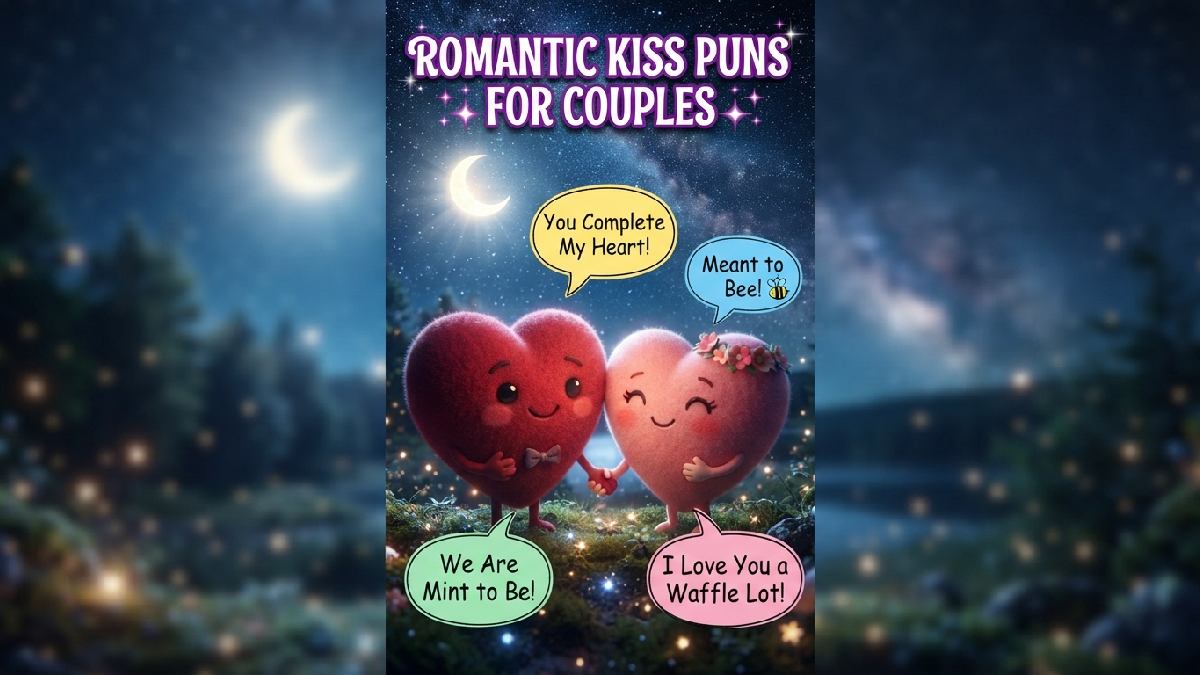 Cartoon heart characters holding hands under starry sky with speech bubbles showing romantic kiss puns perfect for couples together.
