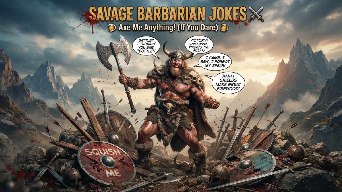 Fierce barbarian warrior posing with an axe among broken shields and helmets, representing savage jokes with playful medieval humor and attitude.