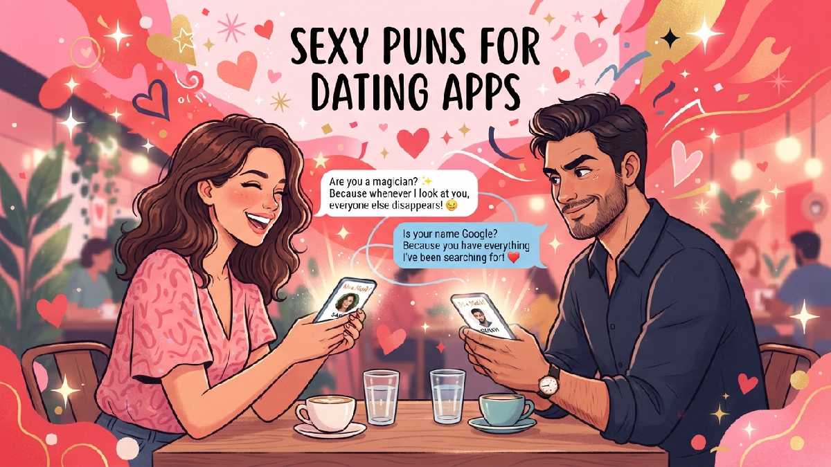 Two adults matching on dating apps with playful smiles, smartphones, hearts, and chat bubbles, representing sexy puns for flirting.