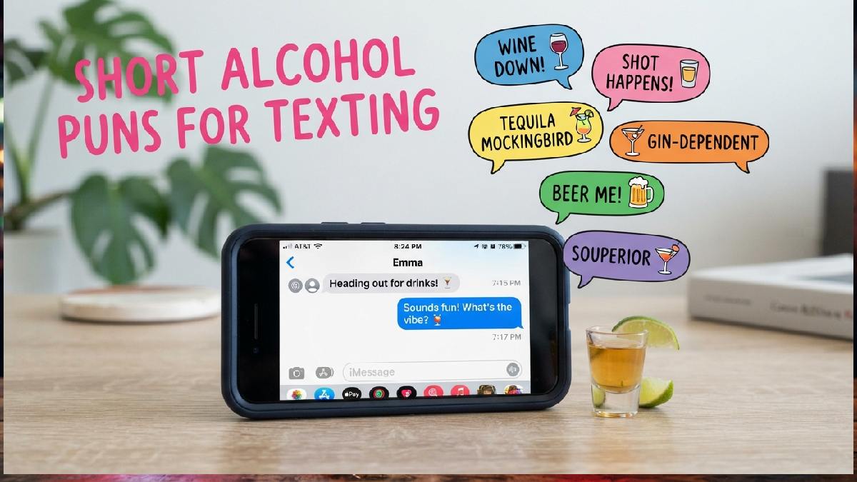 Smartphone with cocktail emoji text bubble and mini shot glass showing short and quick alcohol puns for texting.