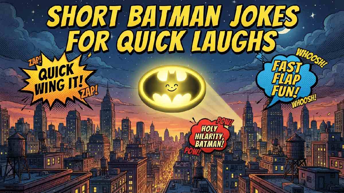 Small glowing bat signal with smiling face above city skyline and speech bubbles showing short quick batman jokes for laughs.