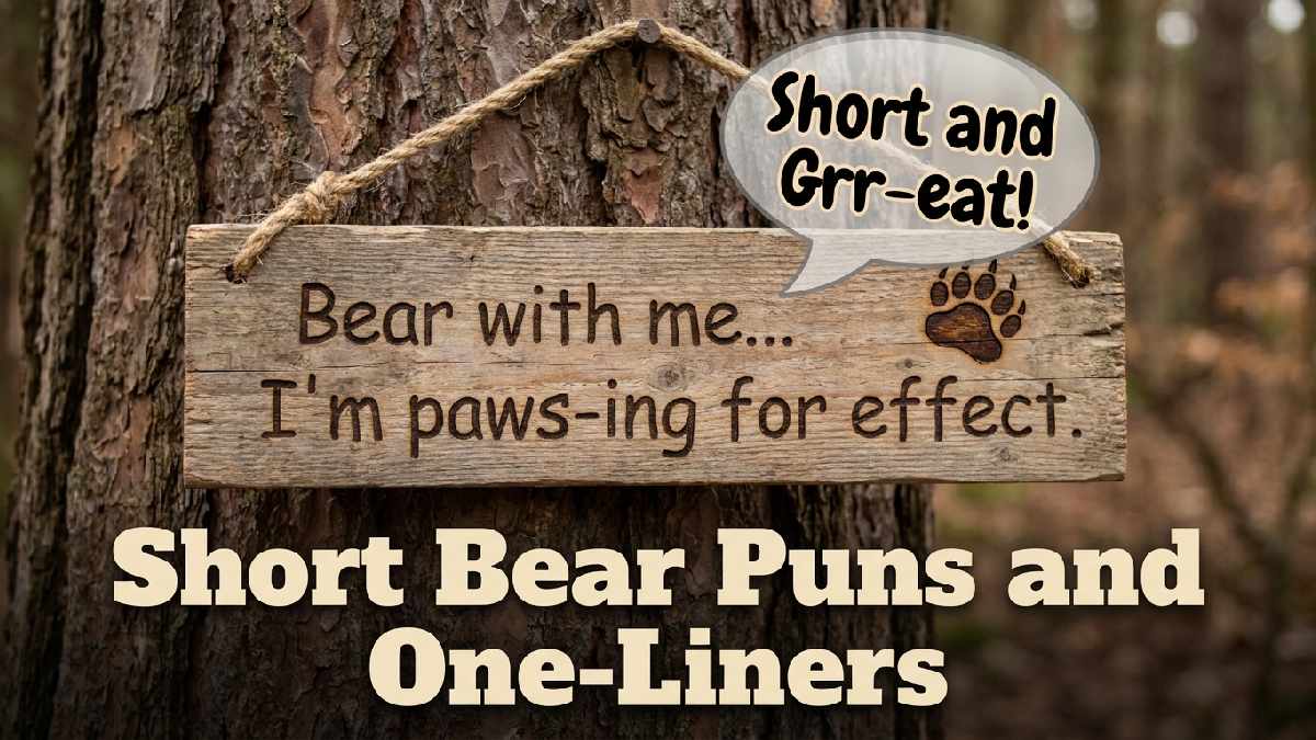 Wooden sign on tree trunk with bear paw print showing a short bear pun and one liner example carved into wood.