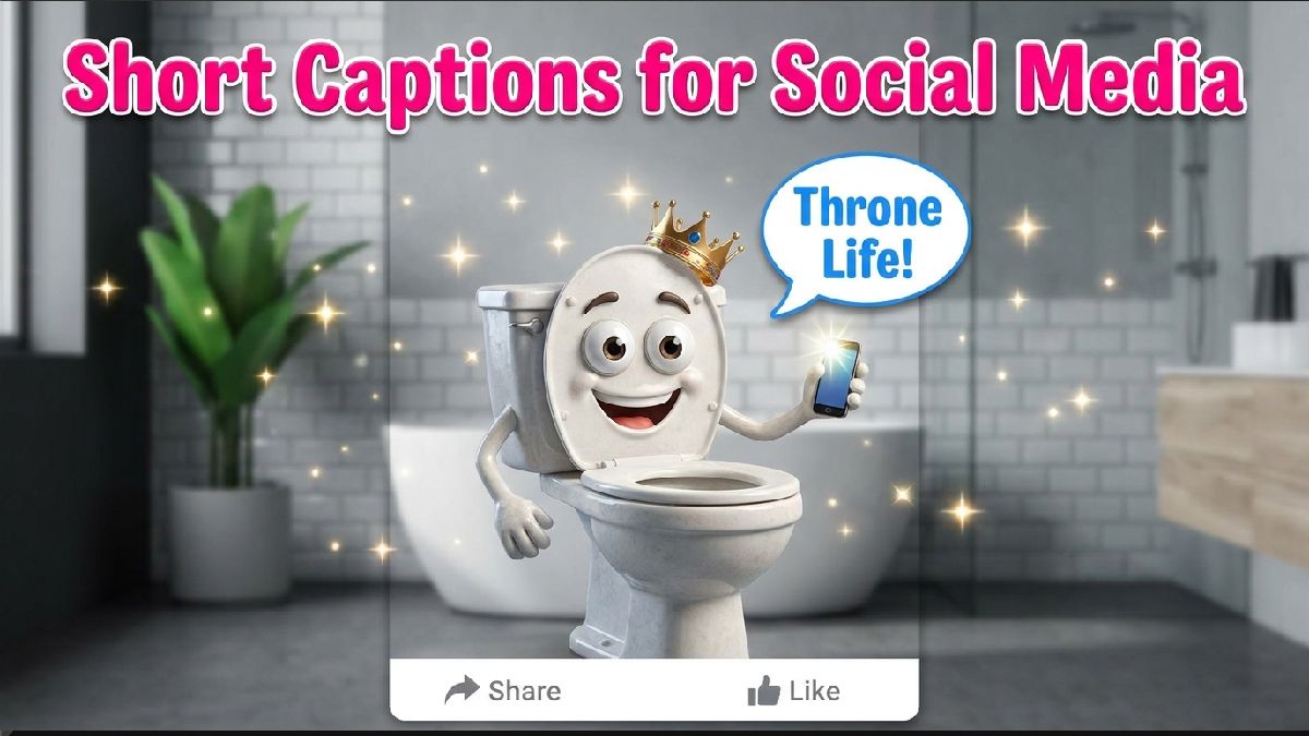 Cartoon toilet posing for selfie with phone flash and speech bubble showing short toilet captions for social media posts.