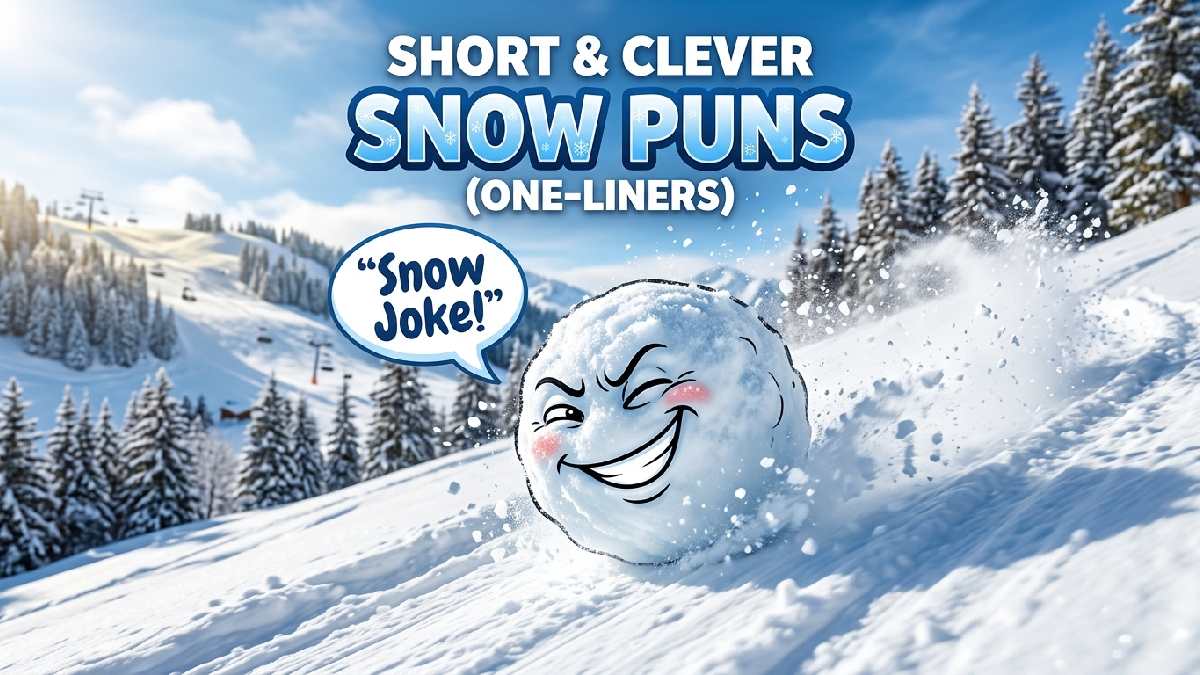 Grinning cartoon snowball rolling downhill with speech bubble showing short and clever snow pun one-liners for quick laughs.