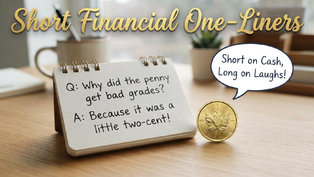 Small notepad with gold coin and speech bubble showing a short and witty one liner style financial pun example.