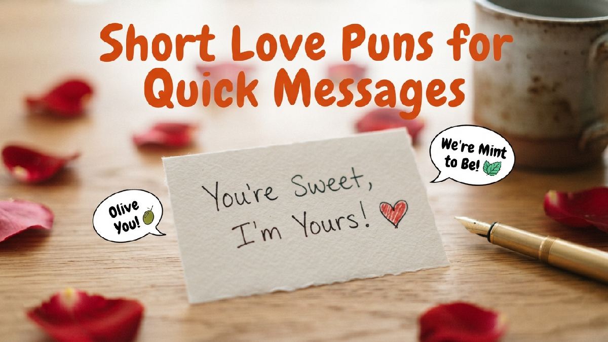 Handwritten love note with heart doodle surrounded by speech bubbles showing short and sweet love puns for quick messages.
